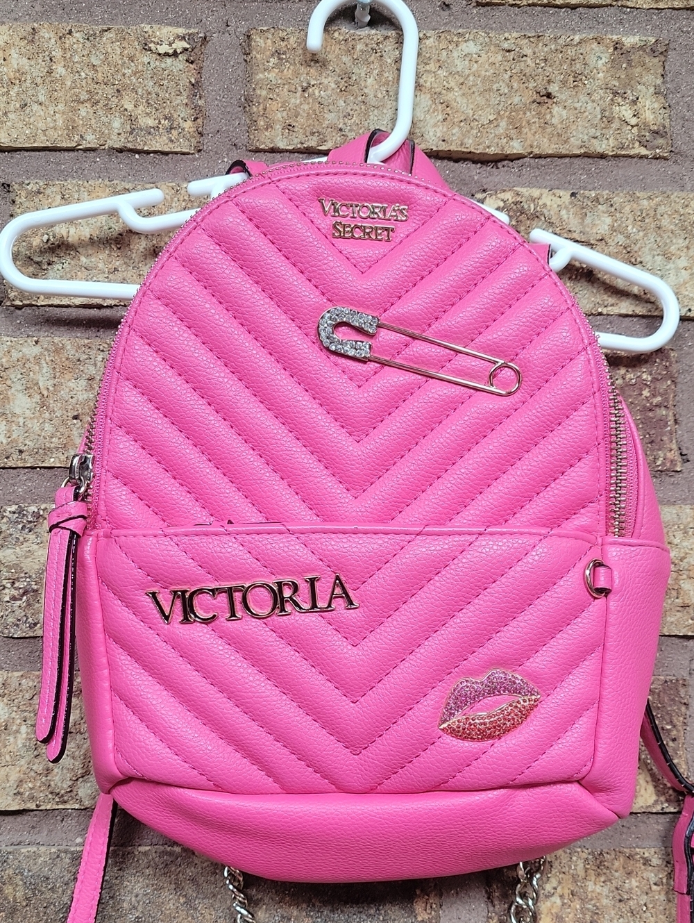 Victoria's Secret Hot Pink Quilted Mini Backpack Lip Patch Safety Pin & Logo